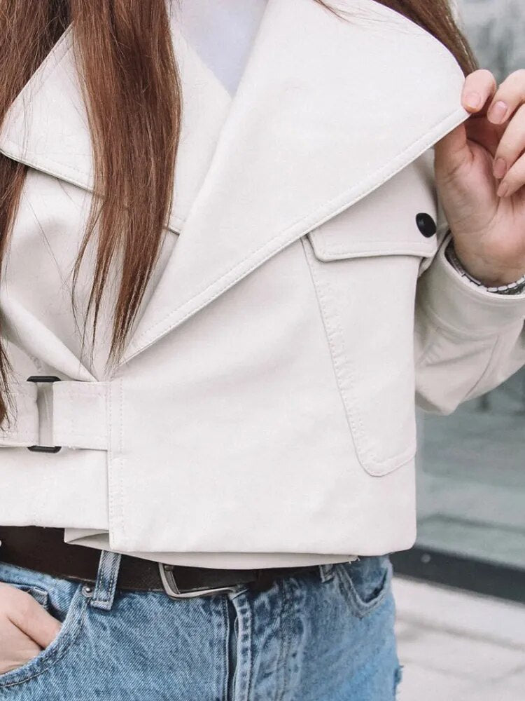 FMFSSOM New Autumn Women Faux Leather Jacket Pu Motorcycle Biker Red Coat Turndown Collar Loose Streetwear Black Punk Outerwear - Product upscale 