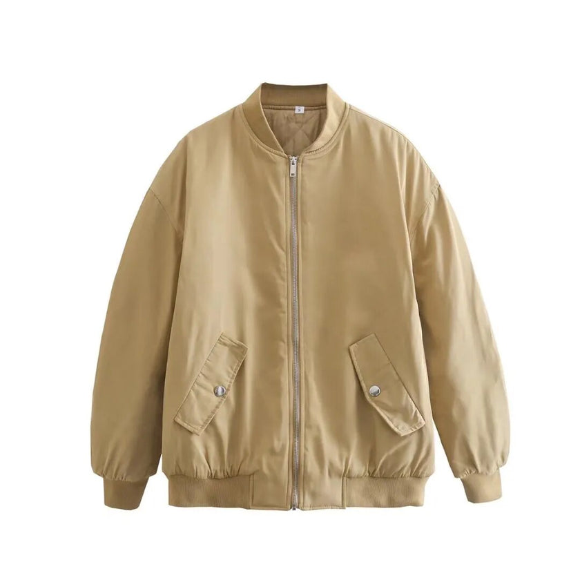 Willshela Women Fashion Oversized Bomber Jackets Coat With Pockets Front Zipper Vintage O-Neck Long Sleeves Female Chic Outwears - Product upscale 