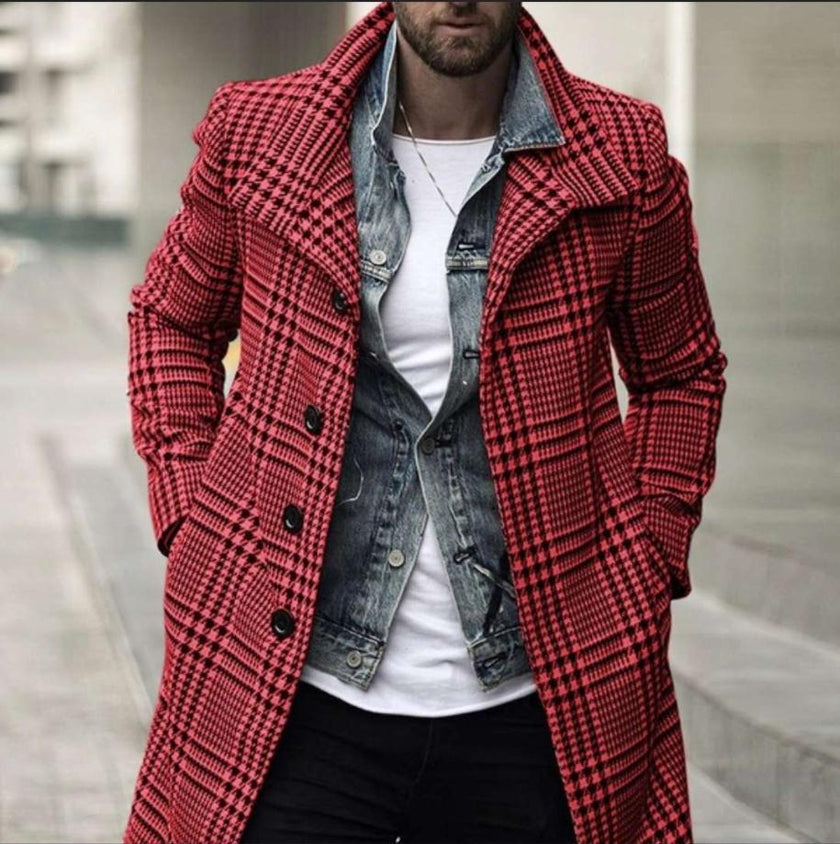 Trendy Brand Fashion Men's Overcoat  Spring and Autumn New European and American Fashion Plaid Lapel Overcoat Mid-Length Coat - Product upscale 