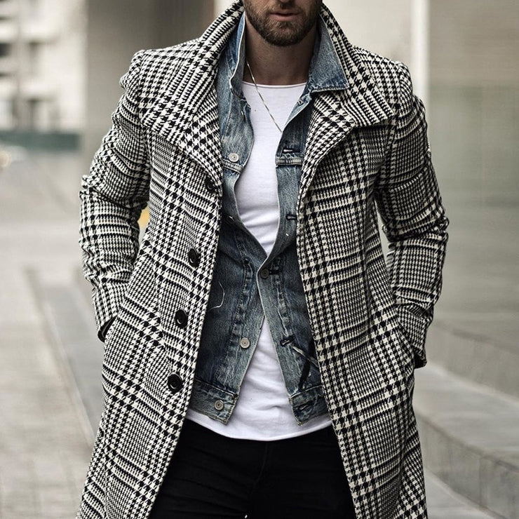 Trendy Brand Fashion Men's Overcoat  Spring and Autumn New European and American Fashion Plaid Lapel Overcoat Mid-Length Coat - Product upscale 