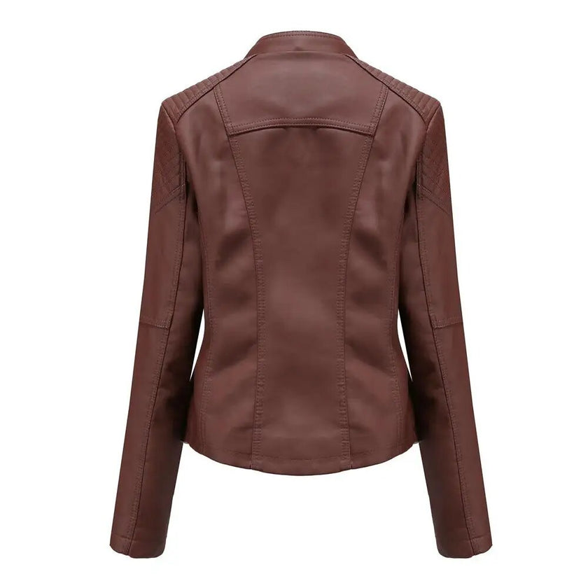 Women Fashion Lace-up Leather Jacket Slim Fit Spring Autumn Motorcycle Zipper Jacket