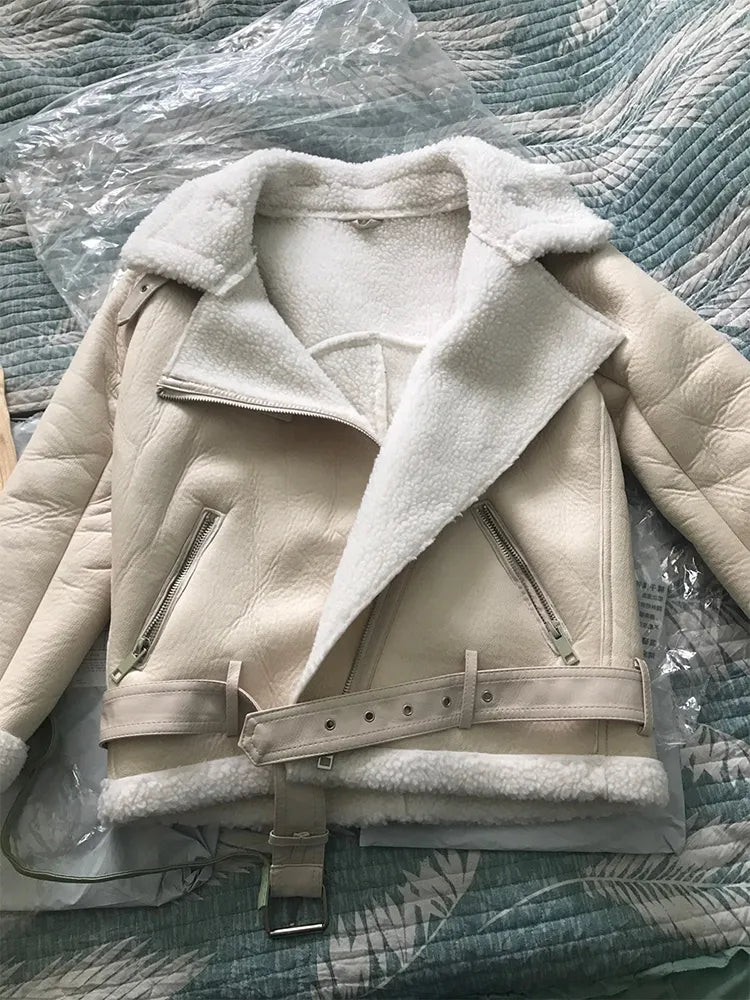 Ailegogo Winter Coats Women Thickness Faux Leather Fur Sheepskin Female Fur Leather Jacket Aviator Outwear Casaco Feminino - Product upscale 