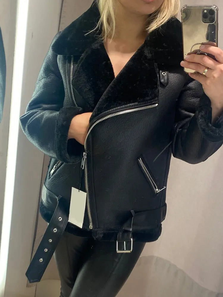 Ailegogo Winter Coats Women Thickness Faux Leather Fur Sheepskin Female Fur Leather Jacket Aviator Outwear Casaco Feminino - Product upscale 