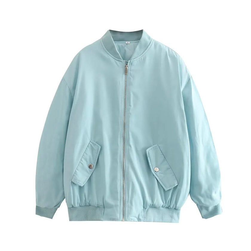 Willshela Women Fashion Oversized Bomber Jackets Coat With Pockets Front Zipper Vintage O-Neck Long Sleeves Female Chic Outwears - Product upscale 