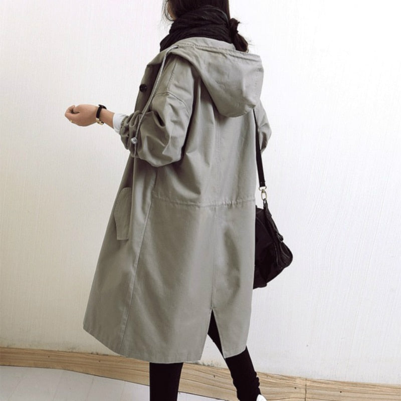 2023 Women Fashion Trench Coat Spring Autumn Casual Hooded Medium Long Overcoat Loose Windproof Coat  Trendy Large Size - Product upscale 