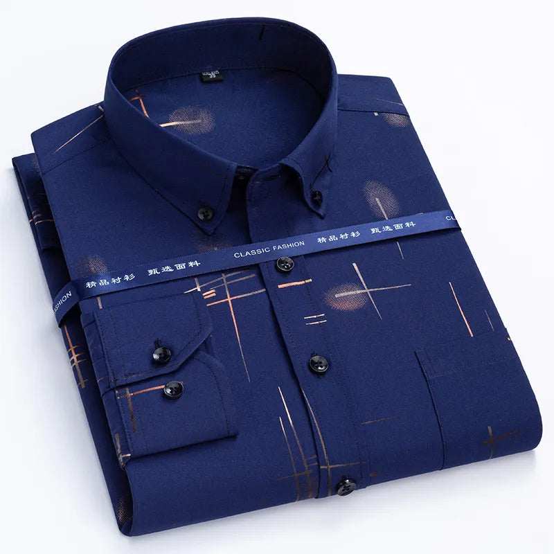 Men's Dress Shirts Spring Autumn Latest Hot Sale Non-iron Anti-wrinkle Business Casual Print Thin Plaid Slim Fit chemise homme - Product upscale 