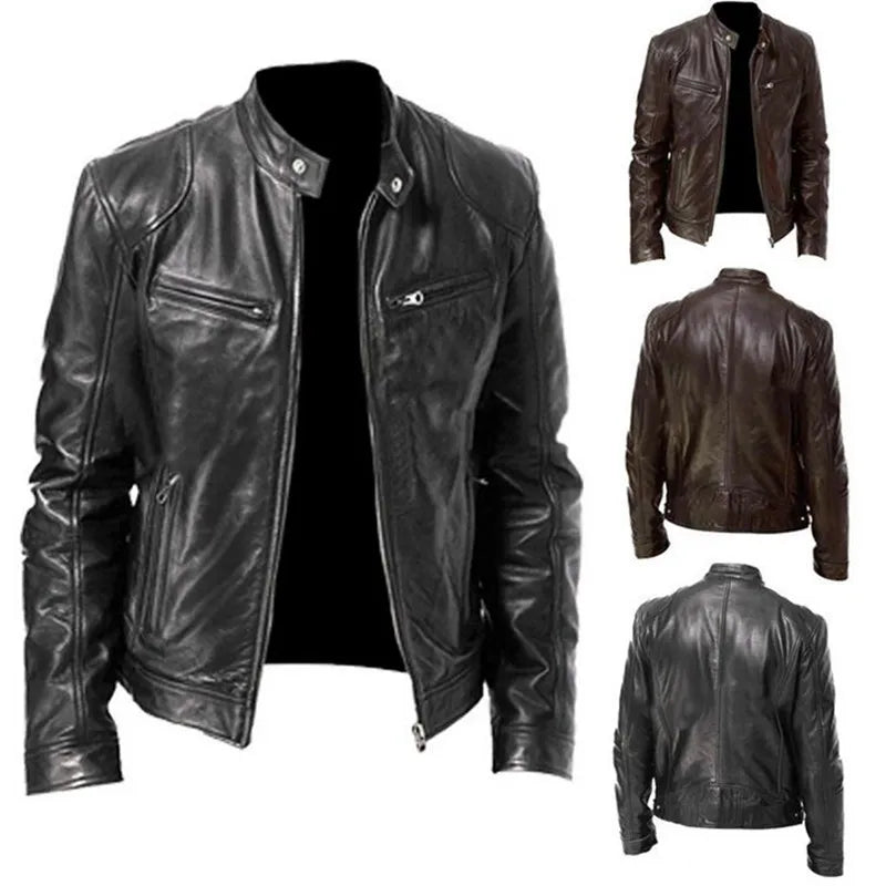 2023 Men Autumn Winter PU Jacket Leather Jacket Slim Fit Stand Collar Male Anti-Wind Motorcycle Lapel Diagonal Zipper Jacket - Product upscale 