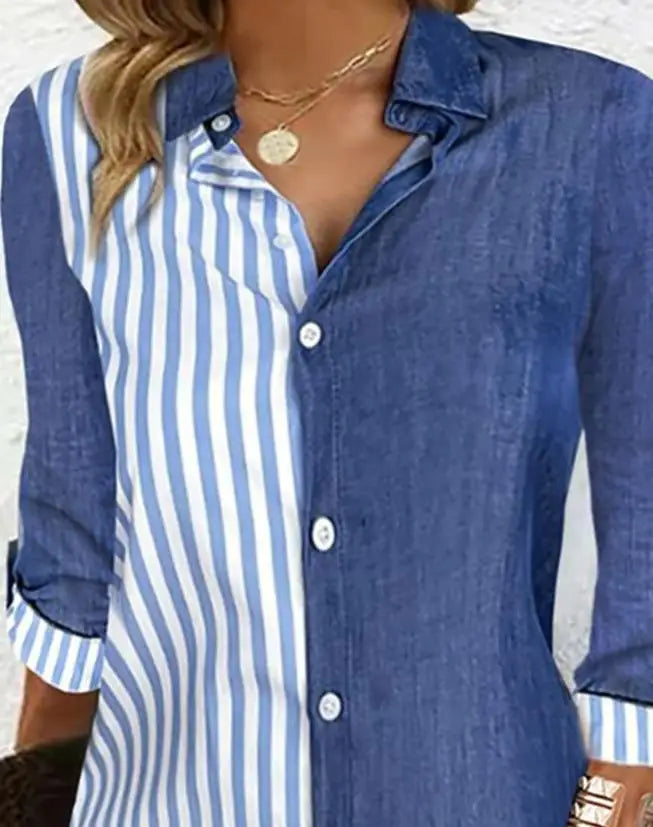 Womens Dresses 2023 Summer Fashion Striped Colorblock Buttoned Casual Turn-Down Collar Long Sleeve Daily Mini A Line Shirt Dress