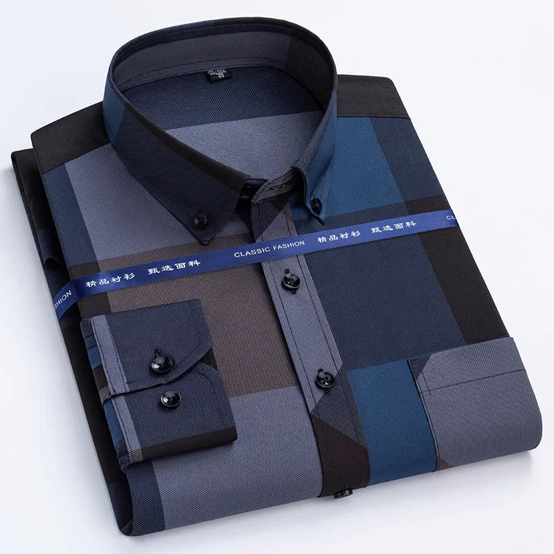 Men's Dress Shirts Spring Autumn Latest Hot Sale Non-iron Anti-wrinkle Business Casual Print Thin Plaid Slim Fit chemise homme - Product upscale 