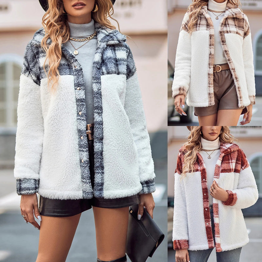 Women's Plaid Jacket Button Down Plus Size Outwear Loose Sleeve Jacket Pockets Slim Fit Casual Style Daily Outfit
