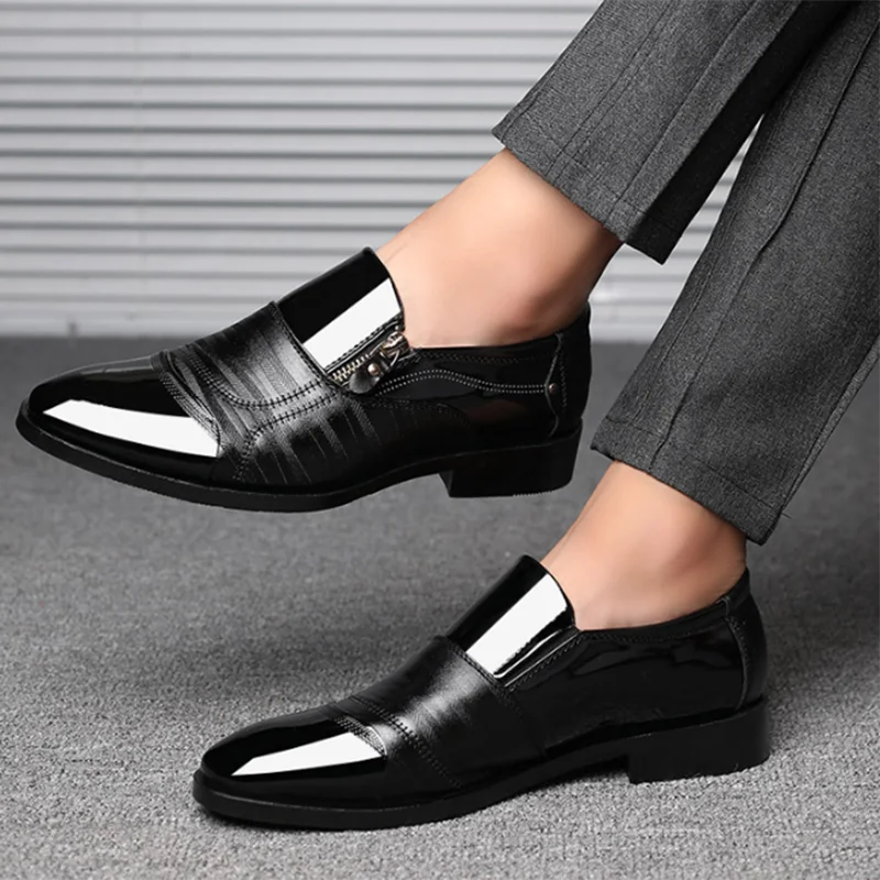 Black Patent PU Leather Shoes Slip on Formal Men Shoes Plus Size Point Toe Wedding Shoes for Male Elegant Business Casual Shoes