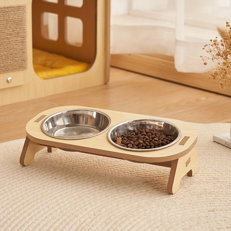 Elevated Cat Inclined Food Bowl Water Bowl With Wooden Stand For Cervical Spine Protection, Detachable Stainless Steel Pet Feeding Basin For Cats