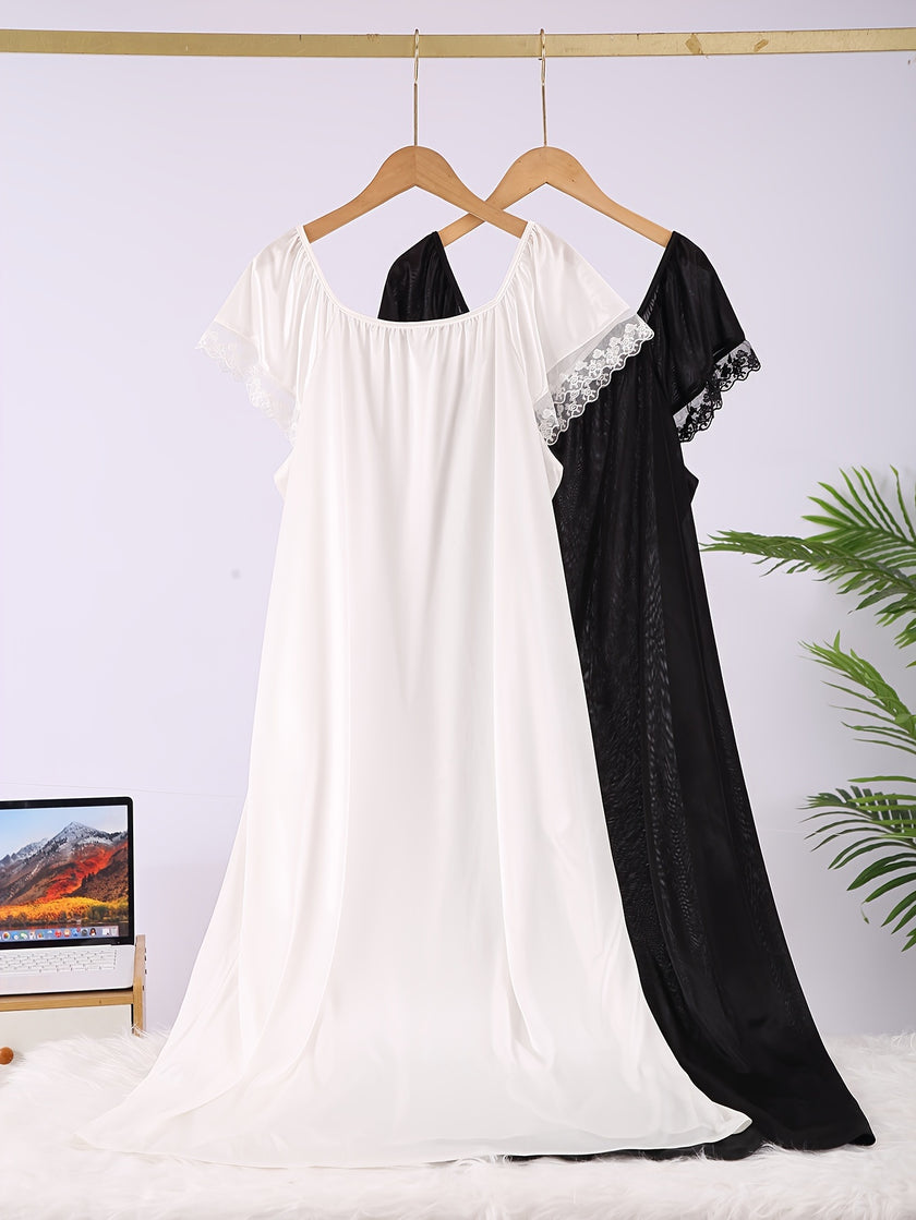 2 Pack Plus Size Sexy Nightdress Set, Women's Plus Contrast Lace Short Sleeve Square Neck Tie Front Lettuce Trim Sleep Dress 2 Piece Set