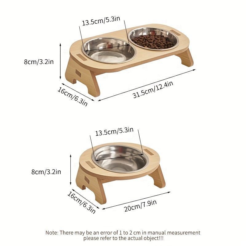 Elevated Cat Inclined Food Bowl Water Bowl With Wooden Stand For Cervical Spine Protection, Detachable Stainless Steel Pet Feeding Basin For Cats