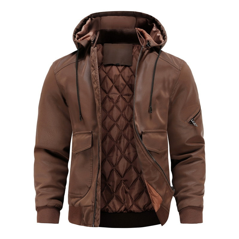 Men's Leather Jacket Men Motorcycle Removable Hood - Product upscale 