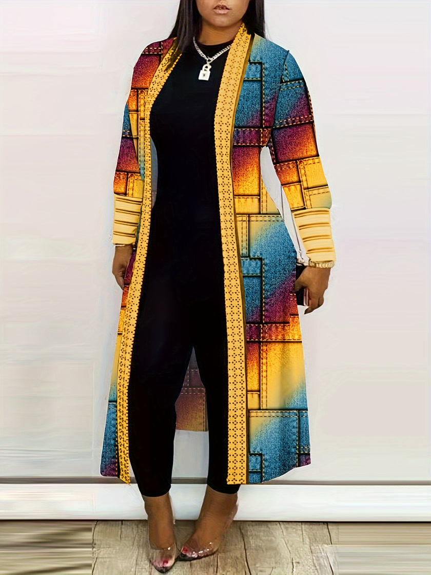 Geometric Print Cardigan, Casual Long Sleeve Open Front Long Cardigan, Women's Clothing