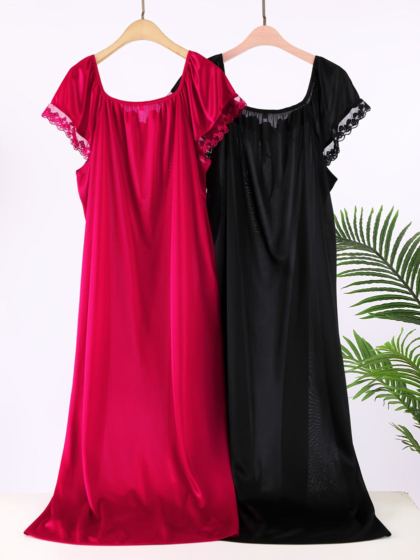 2 Pack Plus Size Sexy Nightdress Set, Women's Plus Contrast Lace Short Sleeve Square Neck Tie Front Lettuce Trim Sleep Dress 2 Piece Set