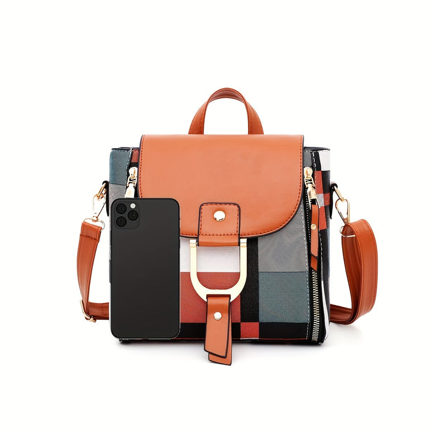 Fashion Trend Striped Plaid Bag Set, Classic Colorblock Top Handle Square Bag, Square Shoulder Bag, Clutch Purse & Long Purse For Women