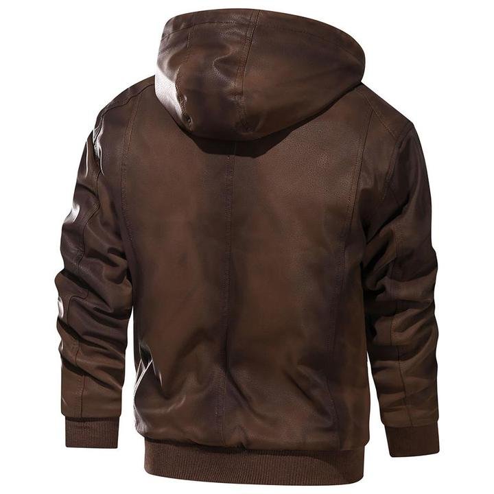 Men's Leather Jacket Men Motorcycle Removable Hood - Product upscale 