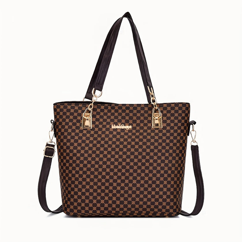 6 Pcs Vintage Geometric Pattern Women's Bag Sets, Classic Tote Bag, Lightweight Satchel Bag With Crossbody Bag, Clutch Purses And Key Holder Case