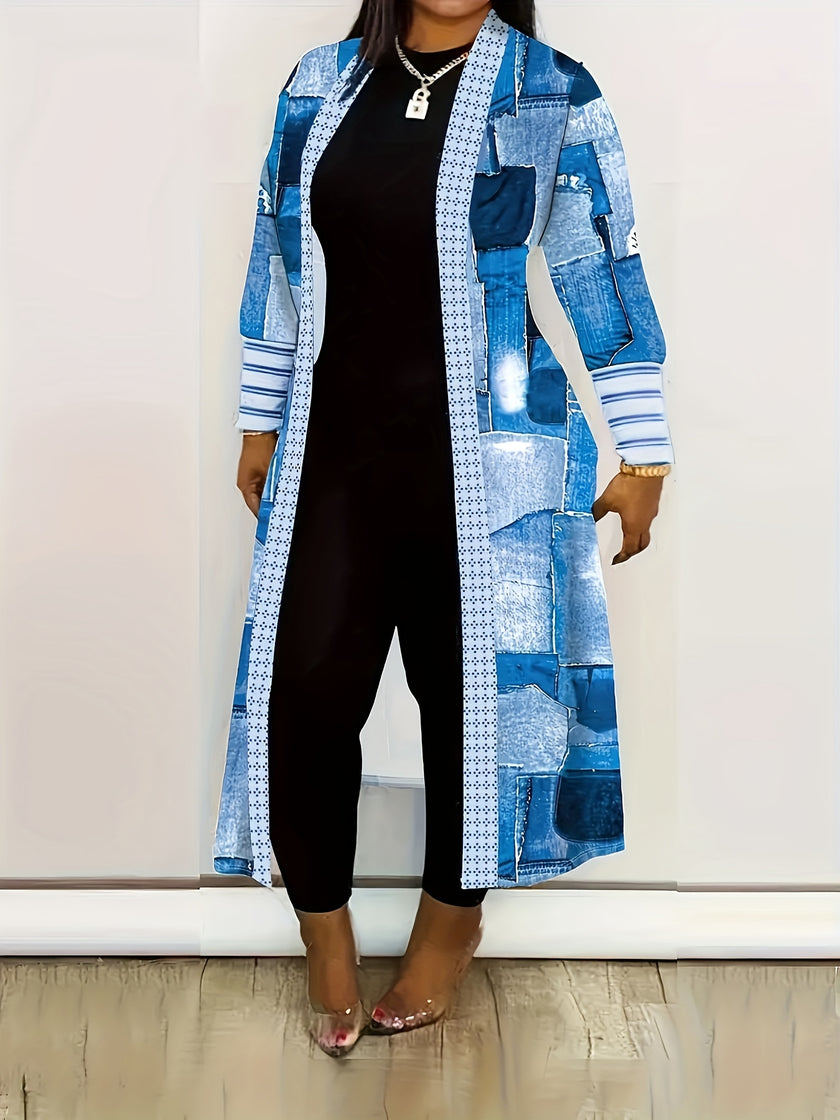 Geometric Print Cardigan, Casual Long Sleeve Open Front Long Cardigan, Women's Clothing