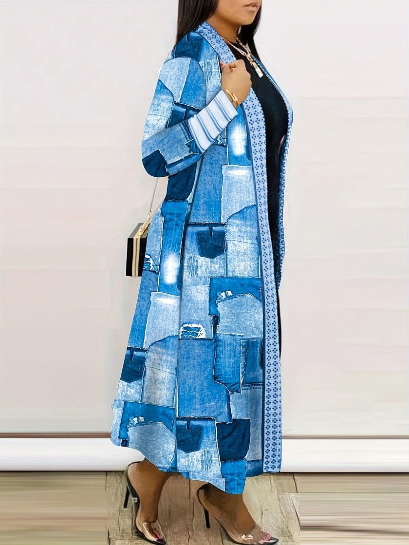 Geometric Print Cardigan, Casual Long Sleeve Open Front Long Cardigan, Women's Clothing