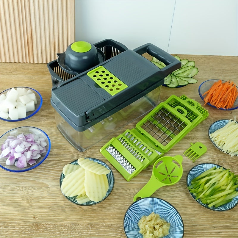 14pcs/Set, Vegetable Chopper, Multifunctional Fruit Slicer, Manual Food Grater, Vegetable Slicer, Cutter With Container, Onion Mincer Chopper With Multiple Interchangeable Blades, Household Potato Shredder, Kitchen Stuff, Kitchen Gadgets