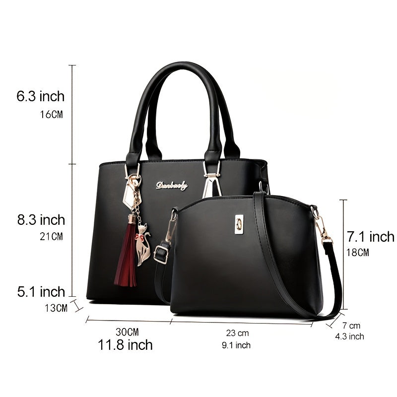 2pcs PU Leather Bag Set, Tassel Decor Handbag & Crossbody Bag, Women's Office & Work Purse