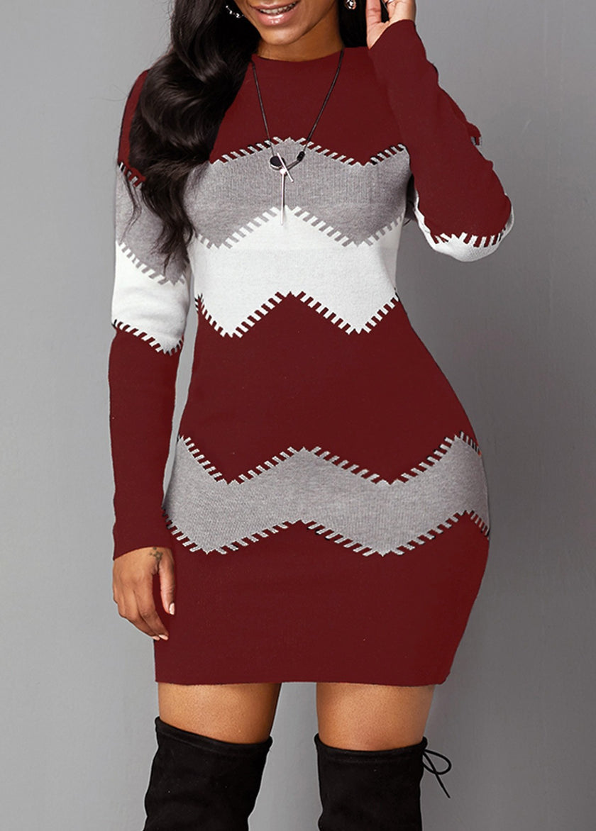 Women's Mid-length Round Neck Long Sleeve Printed Knitted Dress - Product upscale 