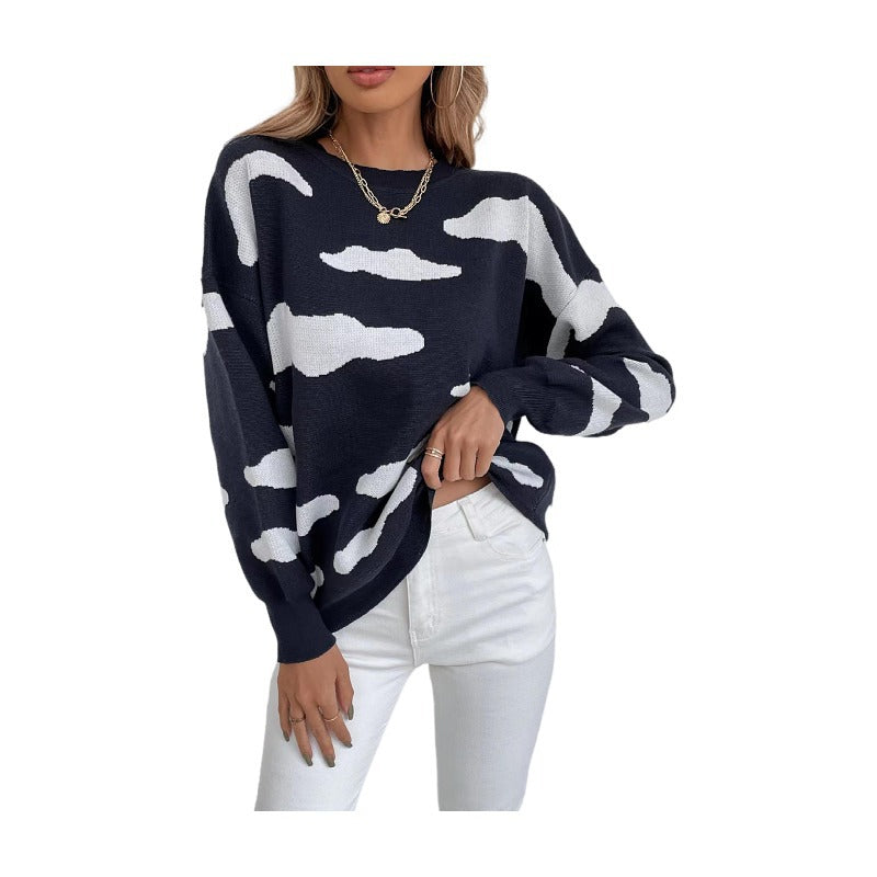 Women's Fashion Long Sleeve Round Neck Color Clash Jacquard Sweater - Product upscale 