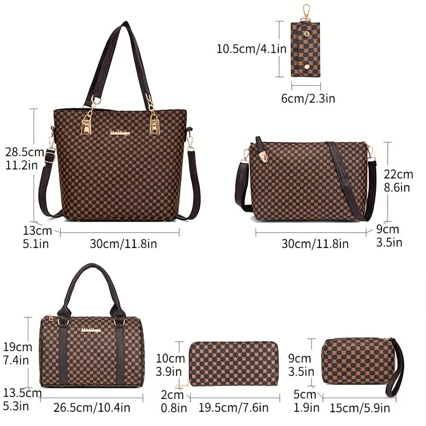 6 Pcs Vintage Geometric Pattern Women's Bag Sets, Classic Tote Bag, Lightweight Satchel Bag With Crossbody Bag, Clutch Purses And Key Holder Case