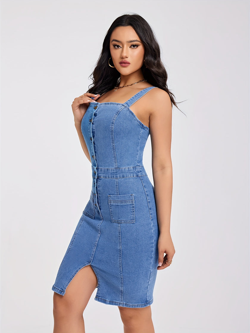 Half-button Split Front Denim Dress, Wide Strap Patched Pocket Sexy Slim Fitted Denim Dress, Women's Denim Clothing