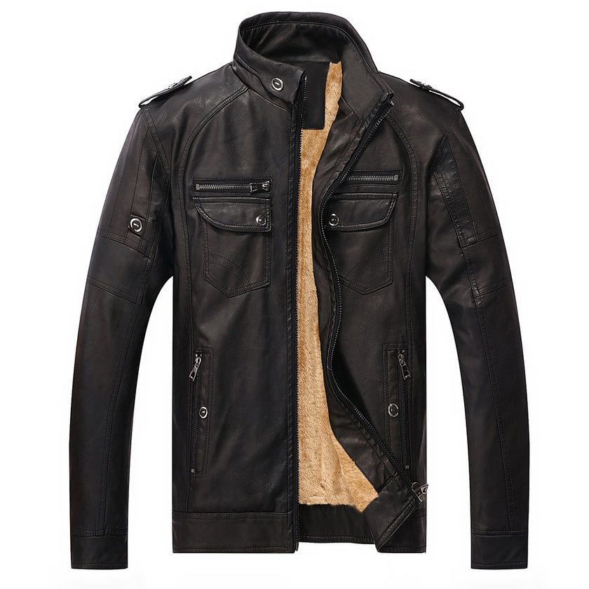 Men's Leather Jacket Plus Velvet Washed Retro Jacket - Product upscale 