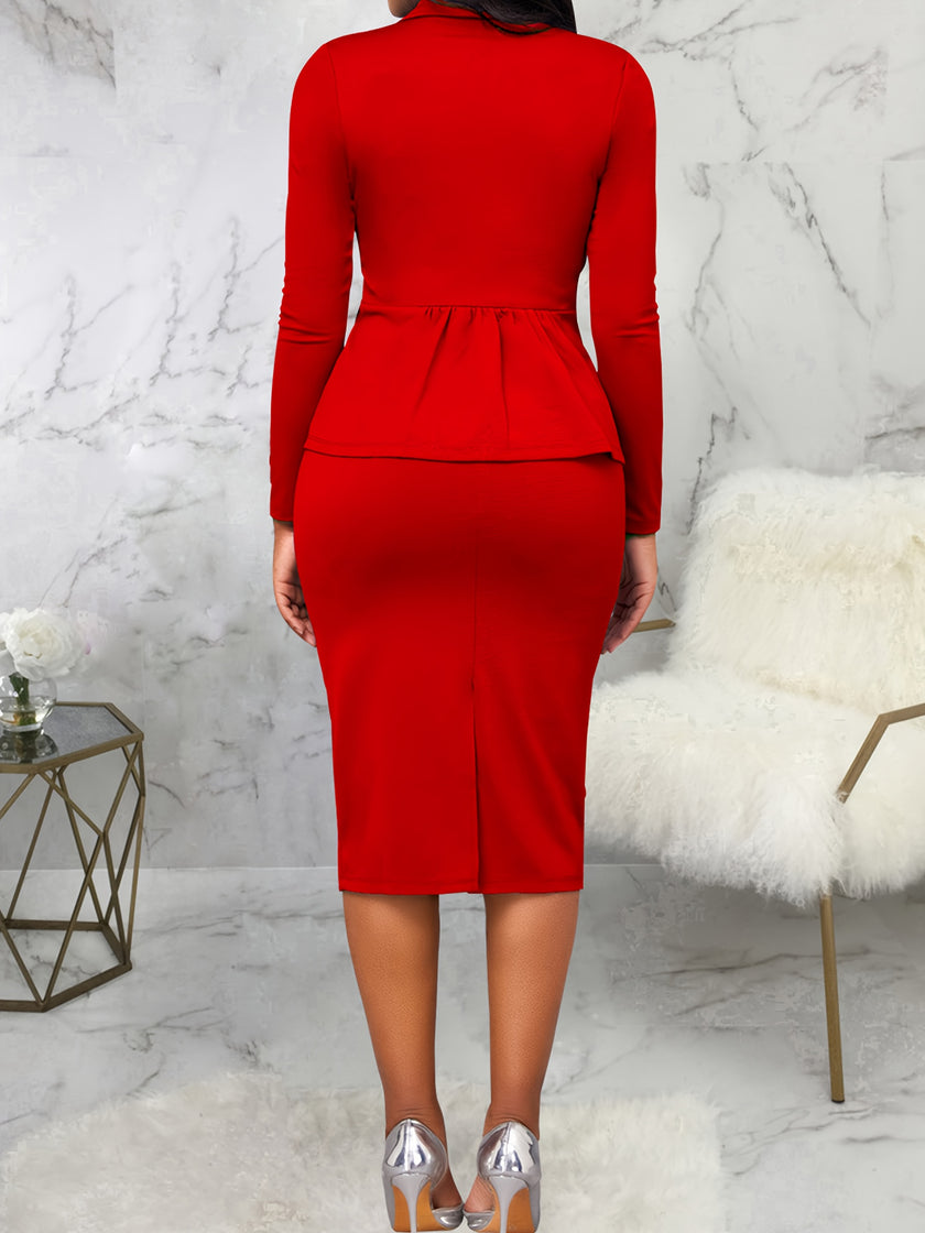 Business Casual Solid Two-piece Set, Button Front Lapel Blazer & Bodycon Back Vent Skirt Outfits, Women's Clothing