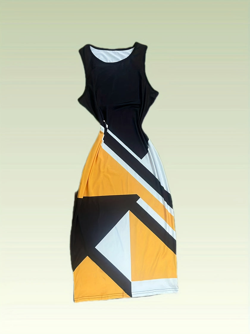 Geo Print Crew Neck Dress, Elegant Sleeveless Bodycon Tank Dress, Women's Clothing