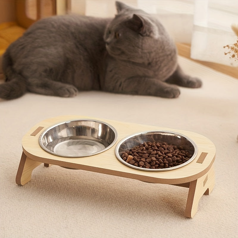 Elevated Cat Inclined Food Bowl Water Bowl With Wooden Stand For Cervical Spine Protection, Detachable Stainless Steel Pet Feeding Basin For Cats