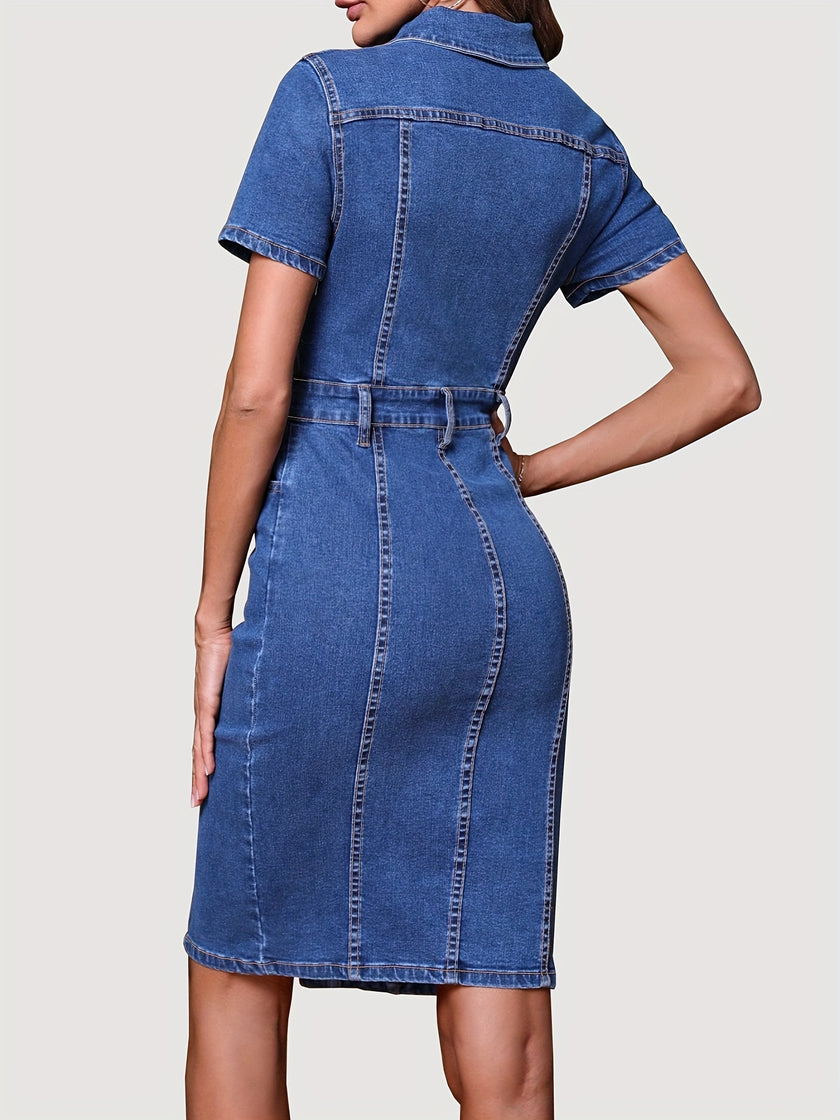 Flap Pocket Short Sleeve Lapel Denim Dress, Button Down Front Slim Fitted Washed Denim Dress, Women's Denim Clothing