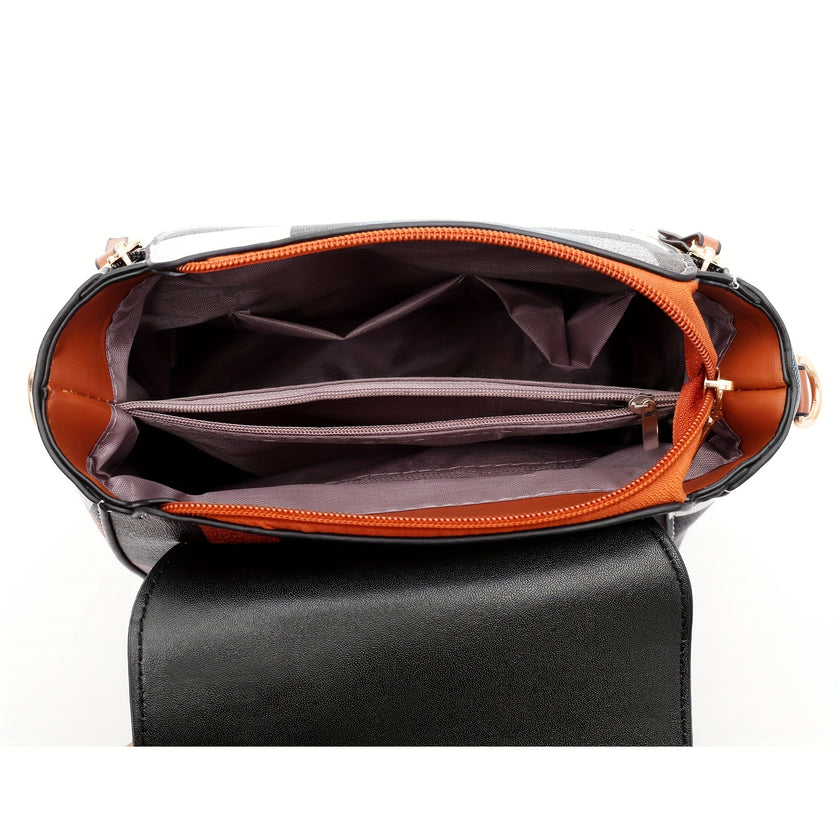 Fashion Trend Striped Plaid Bag Set, Classic Colorblock Top Handle Square Bag, Square Shoulder Bag, Clutch Purse & Long Purse For Women