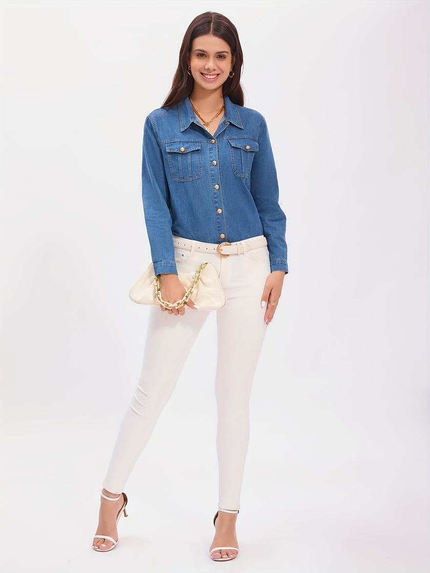 Flap Pocket Button Up Denim Polo Shirts, Long Sleeve Versatile Denim Tops, Women's Denim Clothing