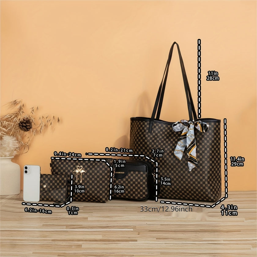 4 Pcs Quilted Detail Bag Sets, Solid Color Tote Bag With Shoulder Chain Bag & Purse & Crossbody Bag, Classic Bags With Scarf Decor