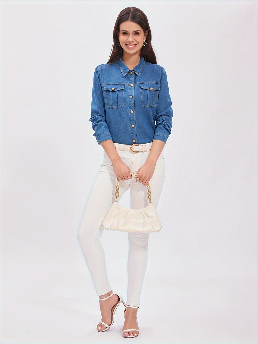 Flap Pocket Button Up Denim Polo Shirts, Long Sleeve Versatile Denim Tops, Women's Denim Clothing