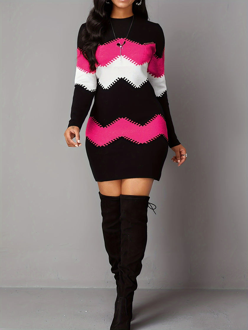 Plus Size Casual Dress, Women's Plus Colorblock Stripe Print Long Sleeve Round Neck Dress