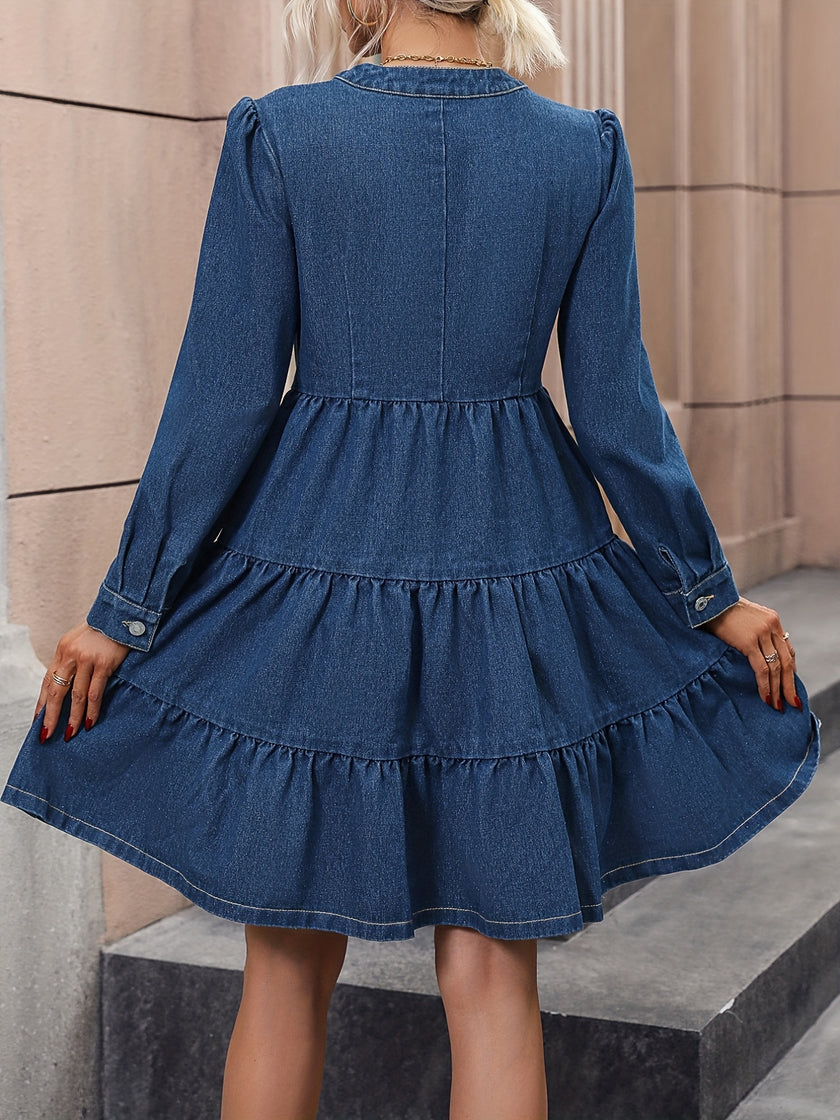 Dark Blue V Neck Denim Dress, Longs Sleeves Single Breasted Button Ruffle Hem Denim Dress, Women's Denim Clothing