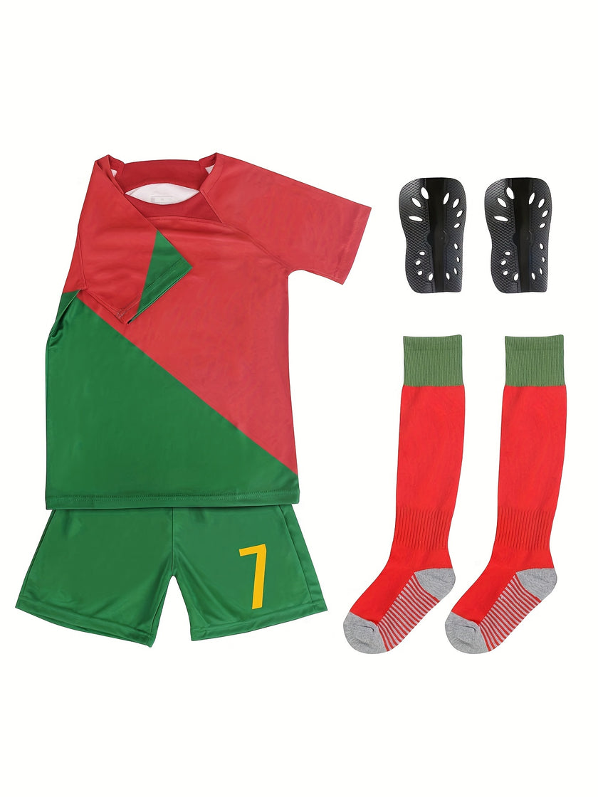 2pcs Soccer Jersey For Kids, No. 7 Football Jersey Set, Jersey & Shorts & Socks & Knee Pads, Kid's Clothes