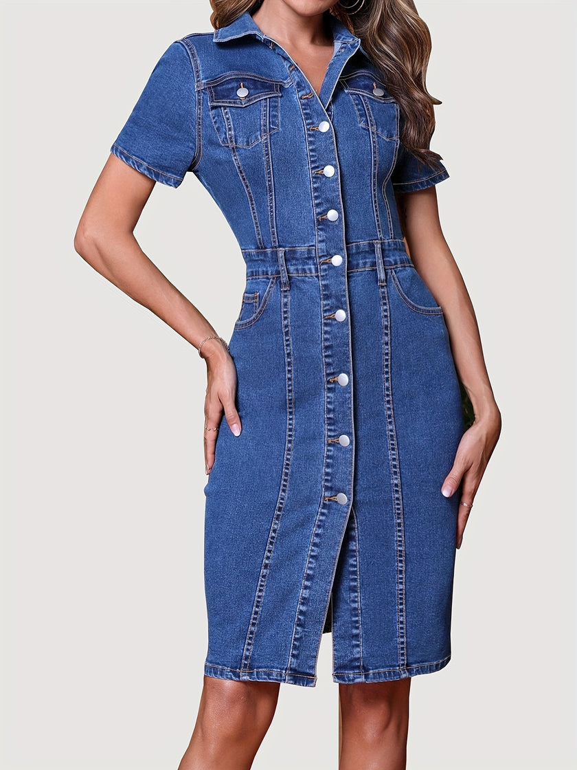 Flap Pocket Short Sleeve Lapel Denim Dress, Button Down Front Slim Fitted Washed Denim Dress, Women's Denim Clothing
