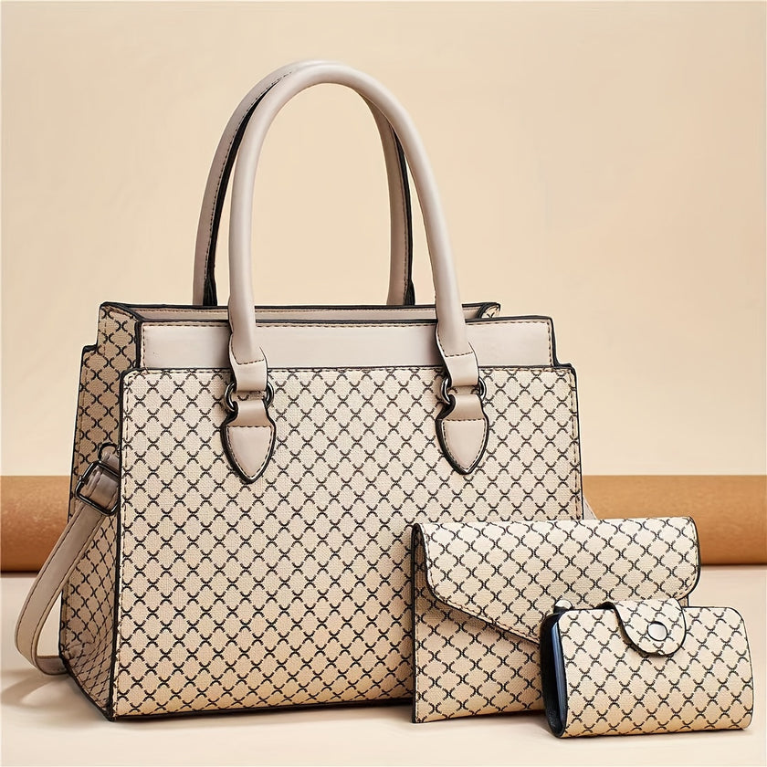 3Pcs Retro Geometric Pattern Tote Bag Set, Faux Leather Shoulder Bag & Clutch & Coin Bag, Perfect Women Bag Set For Daily Use