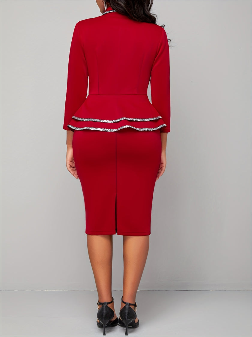 Solid Elegant Two-piece Set, Ruffle Hem 3/4 Sleeve Tops & Bag Hip Midi Skirts Outfits, Women's Clothing