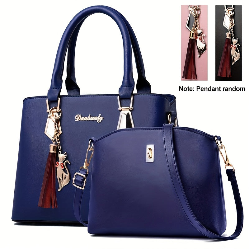2pcs PU Leather Bag Set, Tassel Decor Handbag & Crossbody Bag, Women's Office & Work Purse
