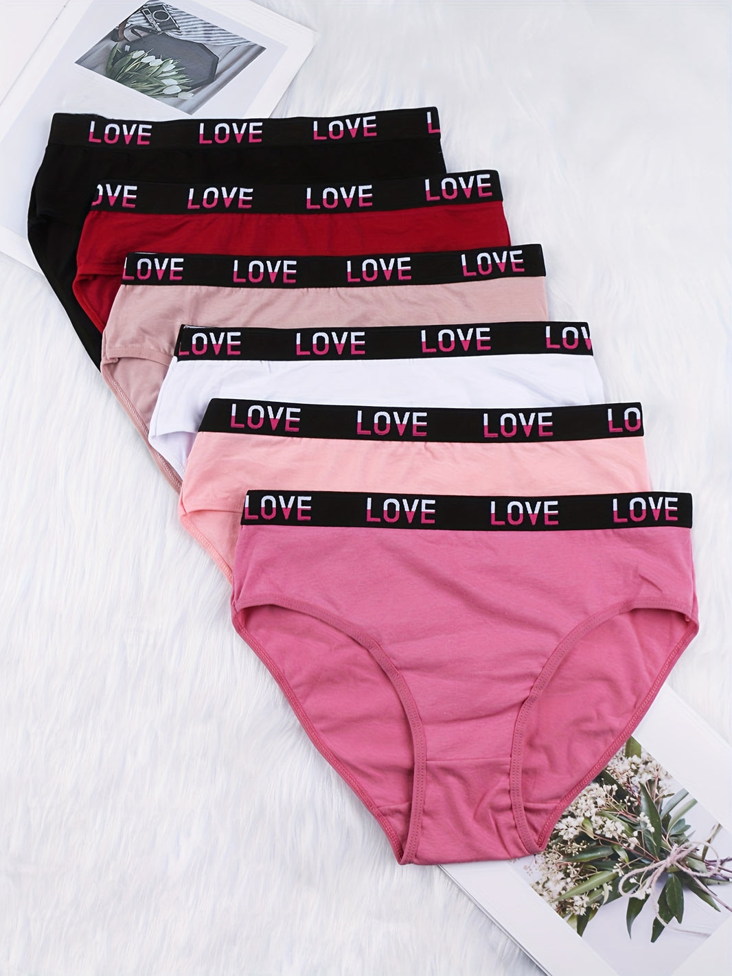 6 Pack Plus Size Casual Brief Set, Women's Plus Comfort Breathable High Rise Contrast Color Letter Tape Soft Bikini Panties 6pcs Set