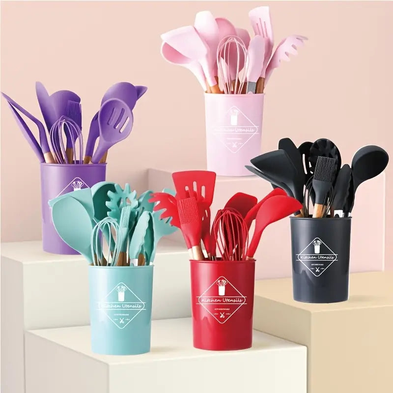 7/12pcs, Modern Silicone Kitchen Utensil Set With Wooden Handles - Non-Stick Spoon, Spatula, Turner, Tongs, And Holder - Safe And Easy To Clean - Perfect For Cooking And Baking